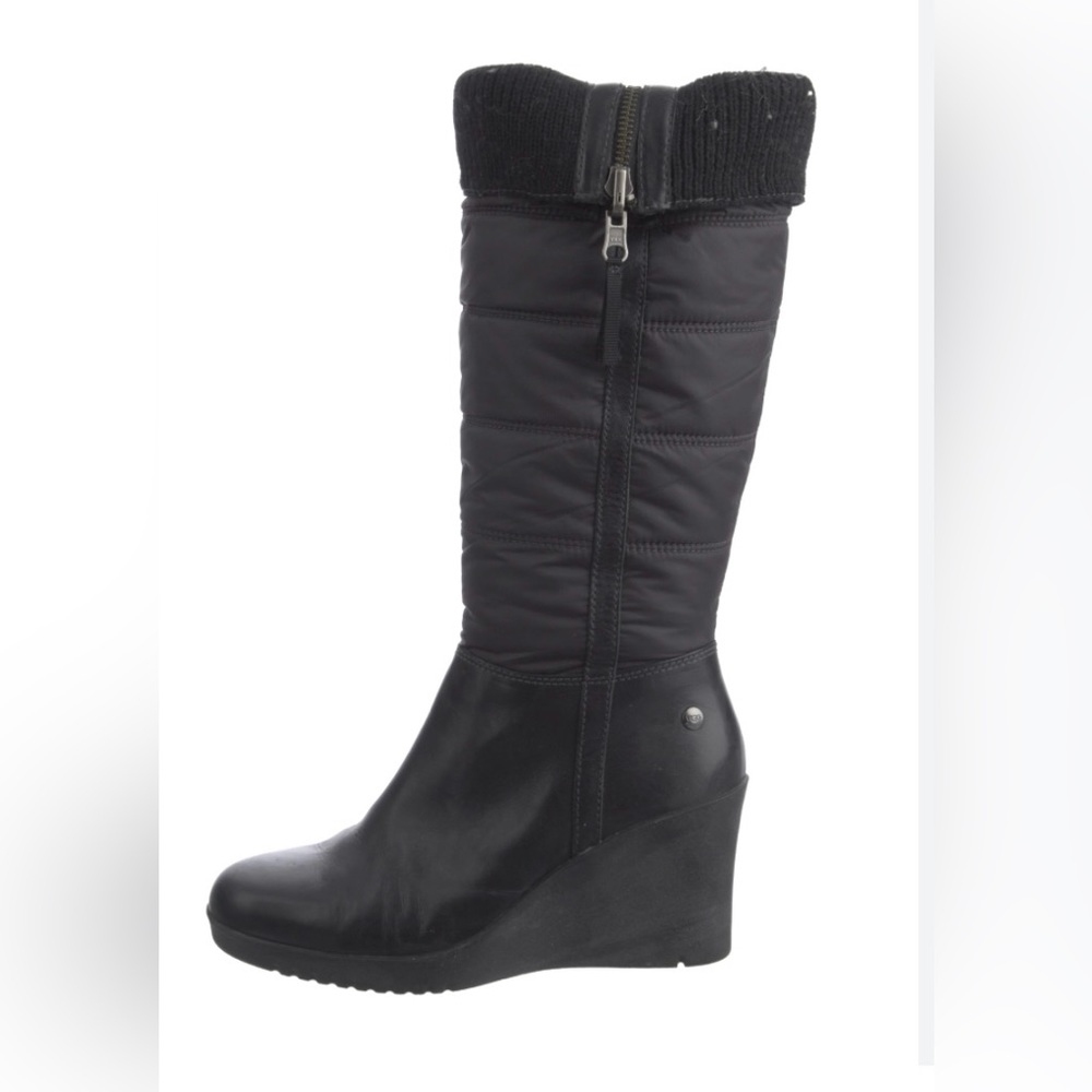 Beautiful Black Leather Textile and Sheepskin Leona UGG Snow Wedge Boots sz 8